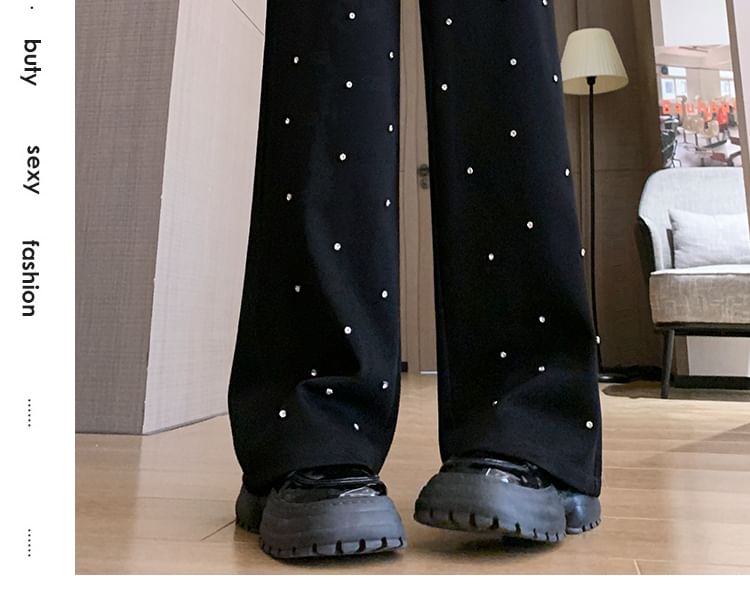 High Waist Rhinestone Wide Leg Pants