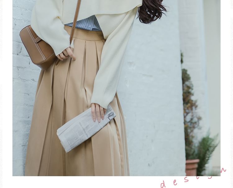 Long-Sleeve Plain Crop Top / Striped Shirt / High Waist Maxi A-Line Pleated Skirt / Set