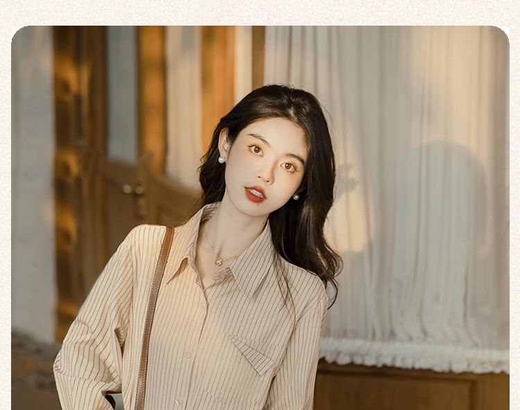 Long-Sleeve Plain Crop Top / Striped Shirt / High Waist Maxi A-Line Pleated Skirt / Set