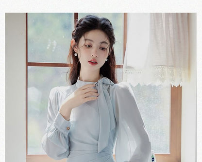 Long-Sleeve Tie Neck Plain Maxi A-Line Dress