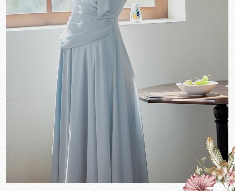 Long-Sleeve Tie Neck Plain Maxi A-Line Dress