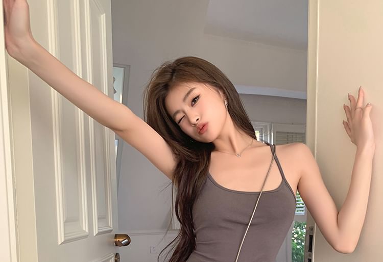 Mermaid Back Open Neck Dress Spaghetti Midi Slit Plain Scoop Strap