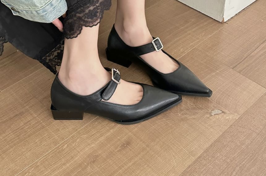 Chunky Heel Pointed Toe Plain Faux Leather Mary Jane Pumps