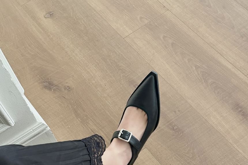 Chunky Heel Pointed Toe Plain Faux Leather Mary Jane Pumps