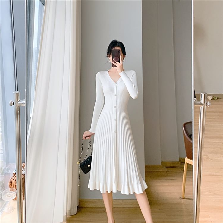 Long-Sleeve V-Neck Plain Ribbed Knit Midi A-Line Dress