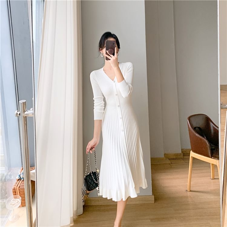 Long-Sleeve V-Neck Plain Ribbed Knit Midi A-Line Dress