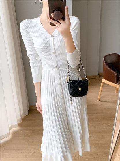 Long-Sleeve V-Neck Plain Ribbed Knit Midi A-Line Dress