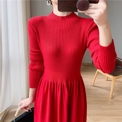 Long-Sleeve Crew Neck Plain Knit Midi A-Line Dress