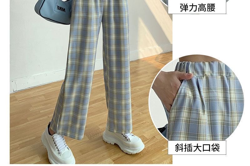 Waist Leg Elastic Wide Plaid Pants