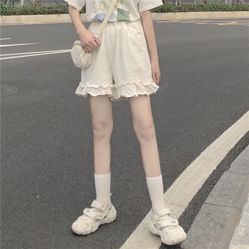 Waist Plain Ruffle Elastic Shorts