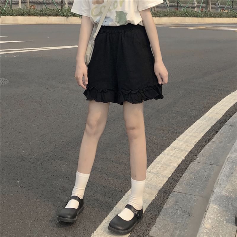 Waist Plain Ruffle Elastic Shorts