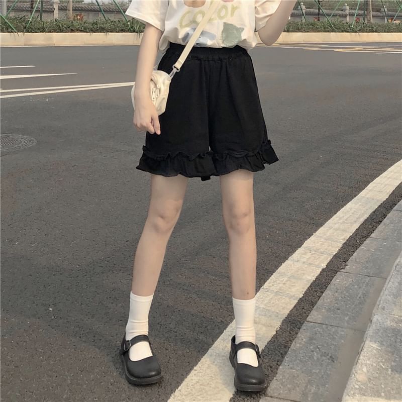 Waist Plain Ruffle Elastic Shorts