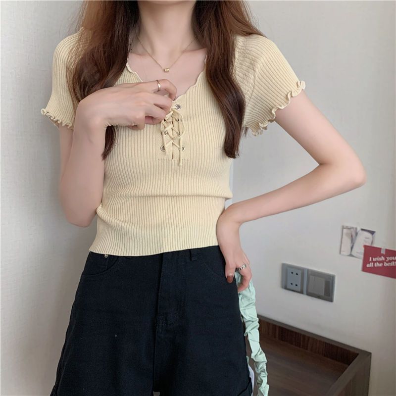 Short-Sleeve Knit Top Plain Lace Ribbed Up V-Neck