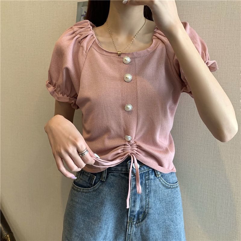 Neck Pearl Drawstring Faux Square Knit Short-Sleeve Button Plain Top