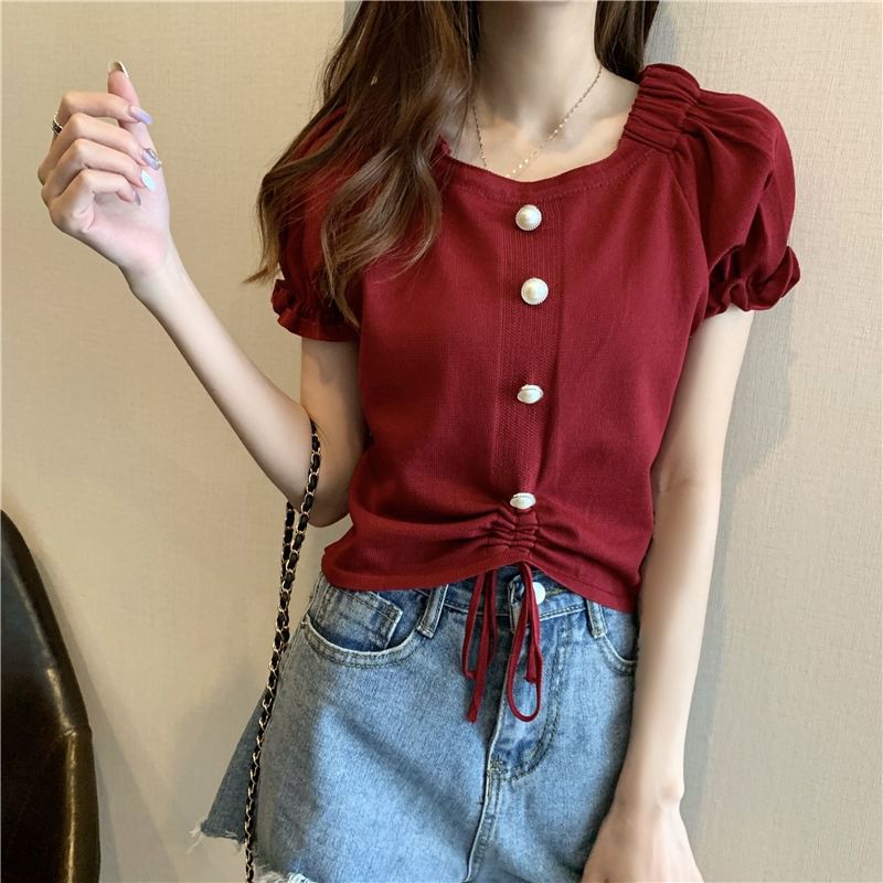Neck Pearl Drawstring Faux Square Knit Short-Sleeve Button Plain Top