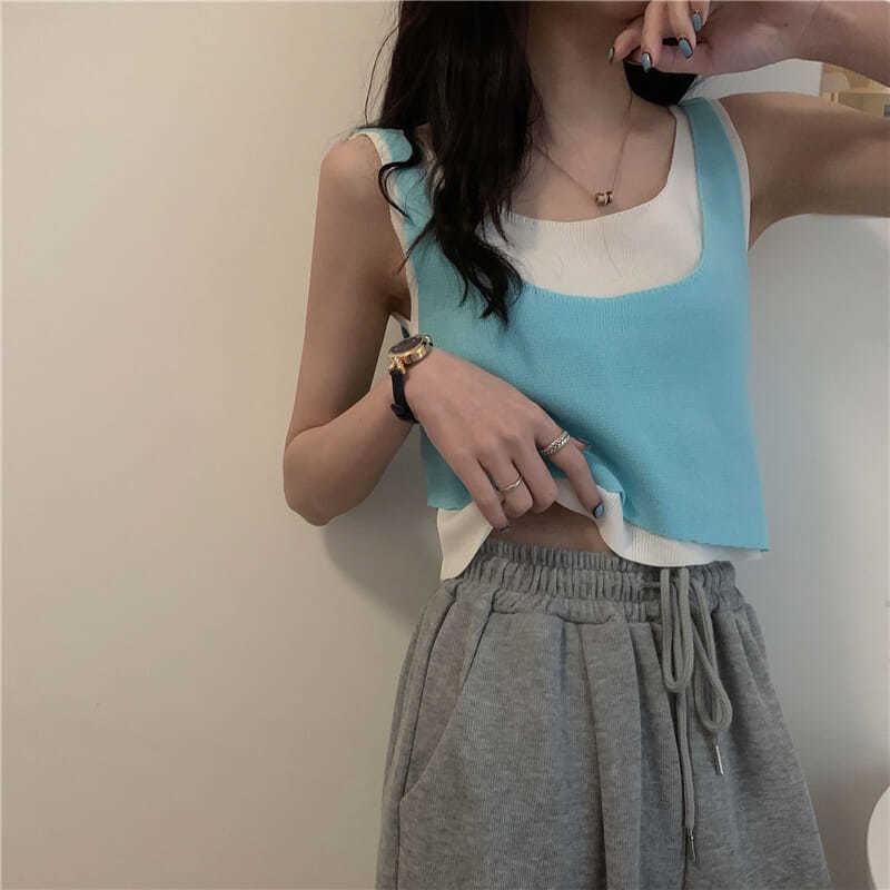 Knit Mock Piece Top Scoop Two Neck Tank