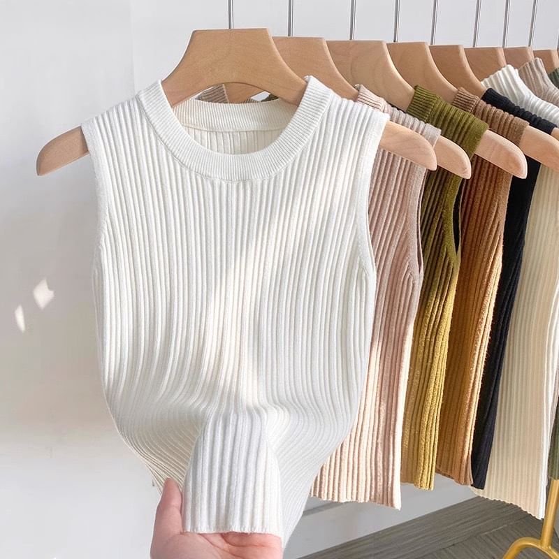 Tank Crew Knit Ribbed Top Neck Plain