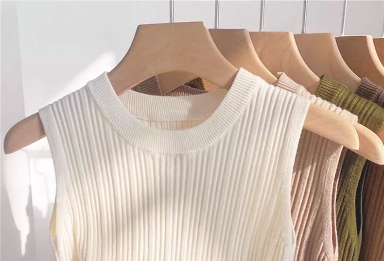 Tank Crew Knit Ribbed Top Neck Plain