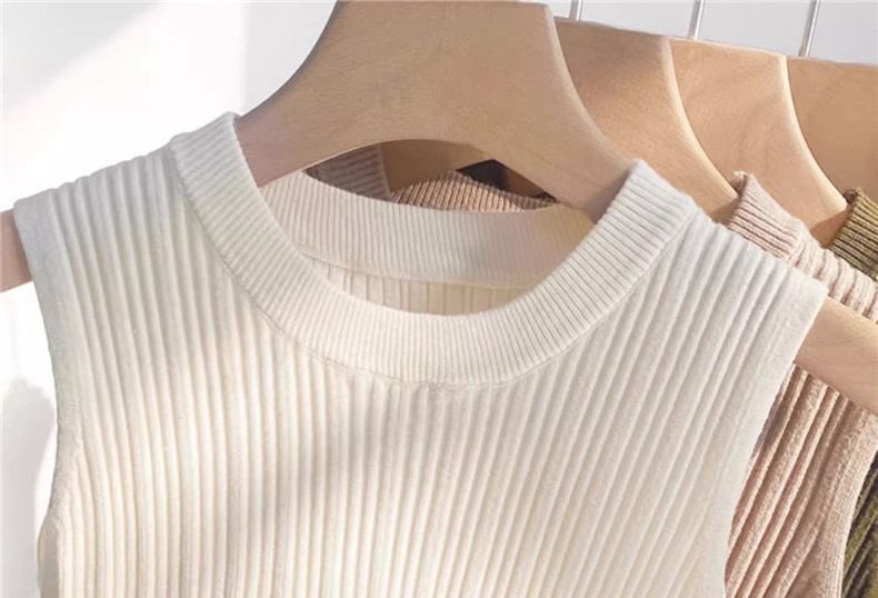Tank Crew Knit Ribbed Top Neck Plain