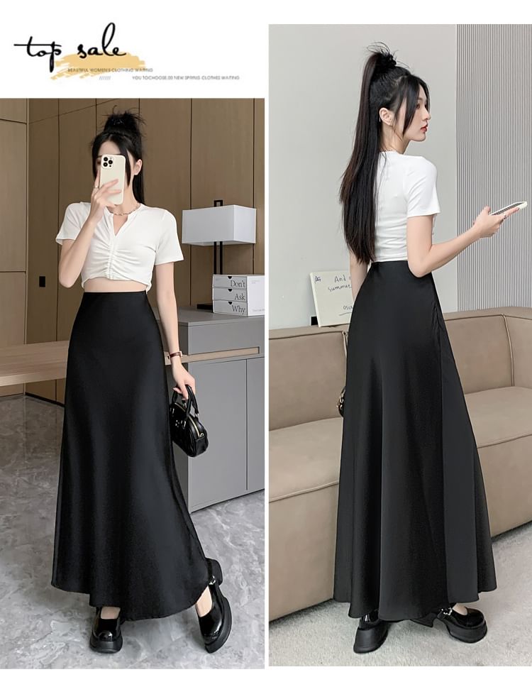 High Waist A-Line Maxi Skirt in Solid Tone
