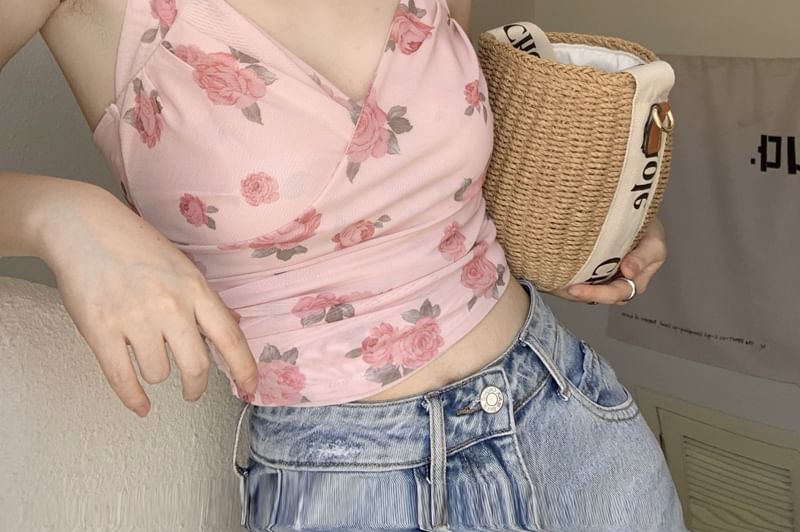 Plain Floral Crop Print Cardigan / Halter Neck Top