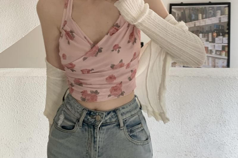 Plain Floral Crop Print Cardigan / Halter Neck Top