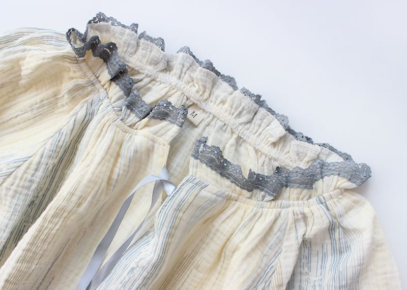 Pajama Set: Striped Lace-Trim Short-Sleeve Top with Shorts