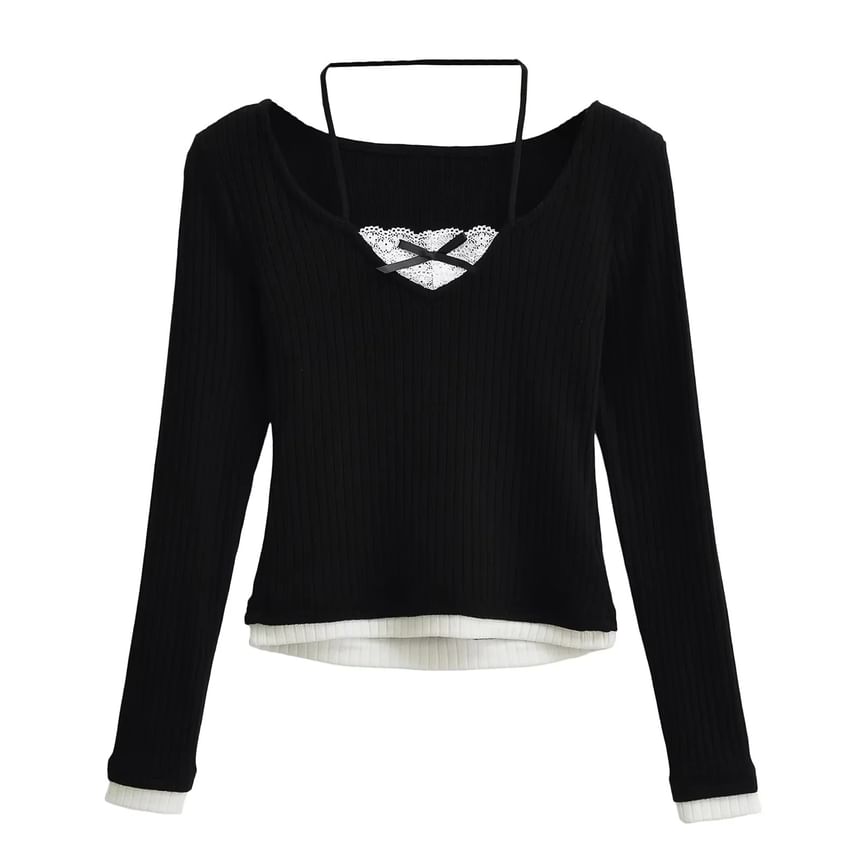 Mock Two-Piece Lace-Panel Slim Knit Long-Sleeve Top
