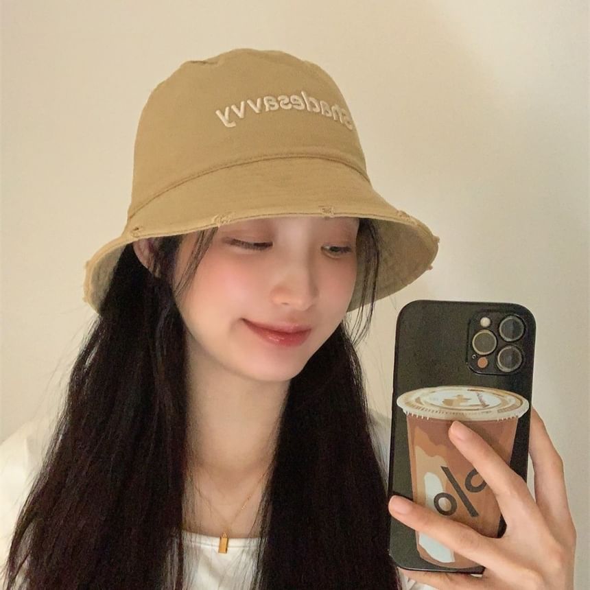 Bucket Hat Lettering Embroidered Distressed