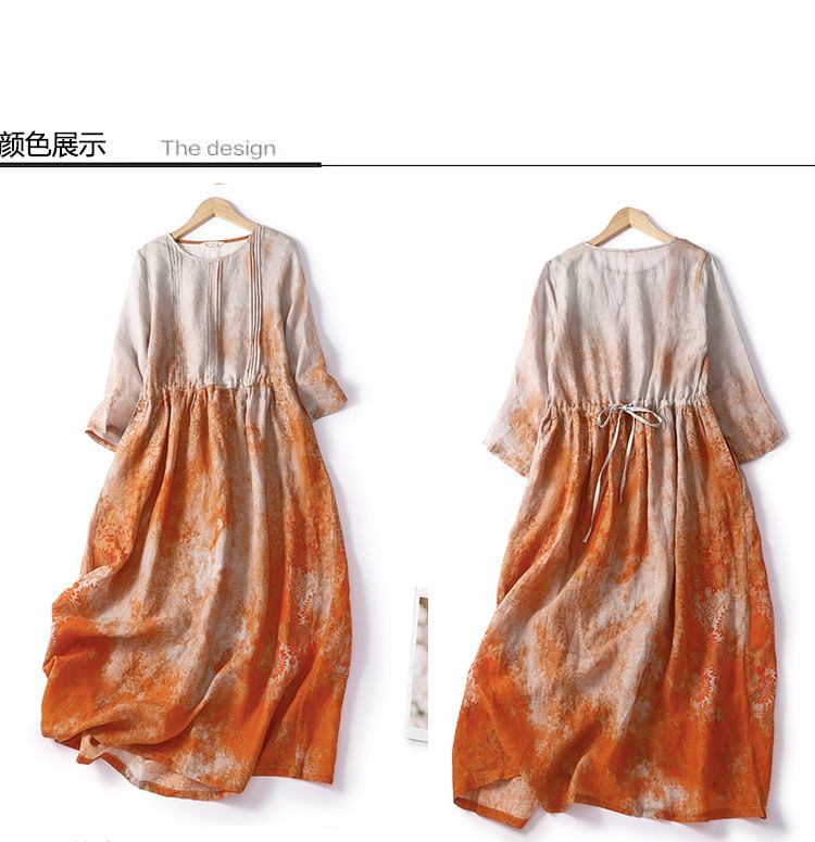 Puff-Sleeve Tie-Dyed Midi A-Line Dress