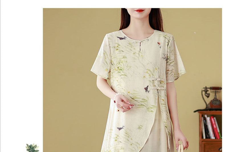 Short-Sleeve Floral Print Frog Buttoned Slit Midi A-Line Dress