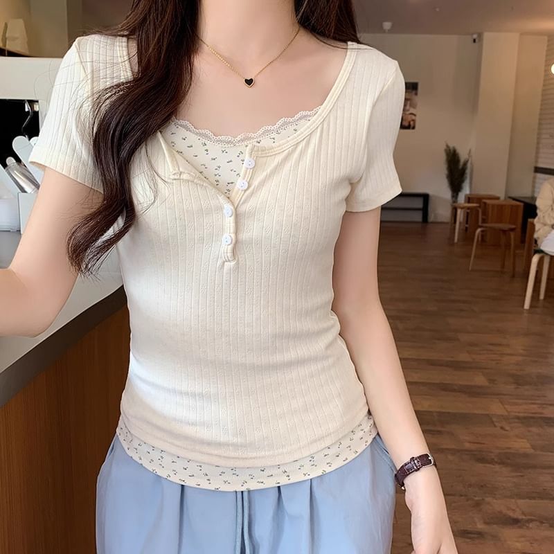 Mock Two-Piece Lace-Trim Short-Sleeve Tee