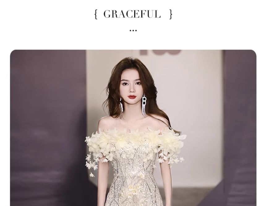 Mermaid Detail Evening Sequin Gown Flower Off-Shoulder