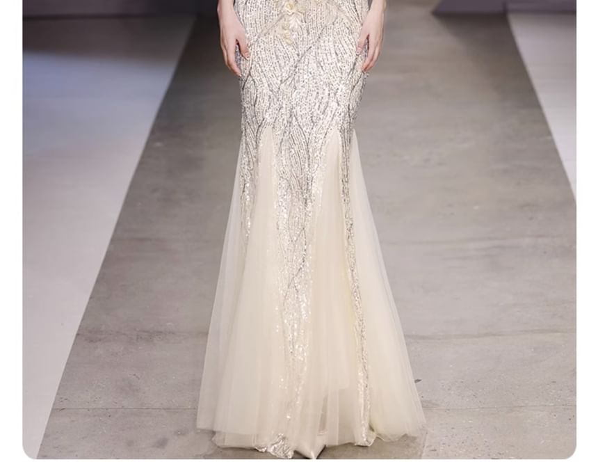 Mermaid Detail Evening Sequin Gown Flower Off-Shoulder