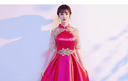 Short-Sleeve Sequin A-Line Evening Gown