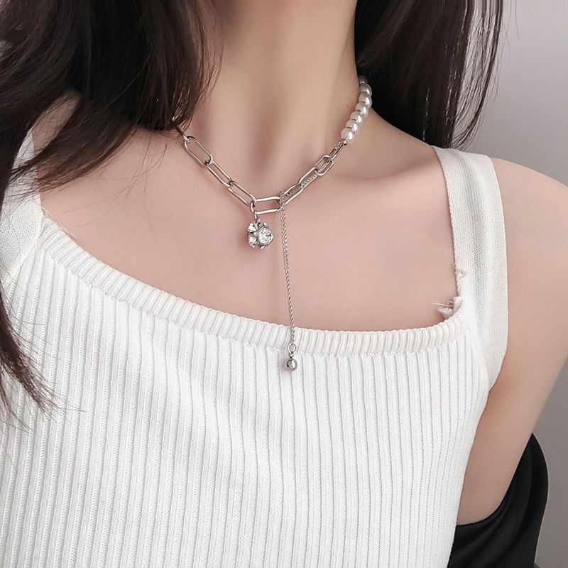 Faux Chain Necklace Rhinestone Pearl