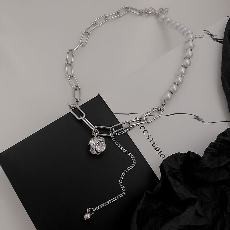 Faux Chain Necklace Rhinestone Pearl