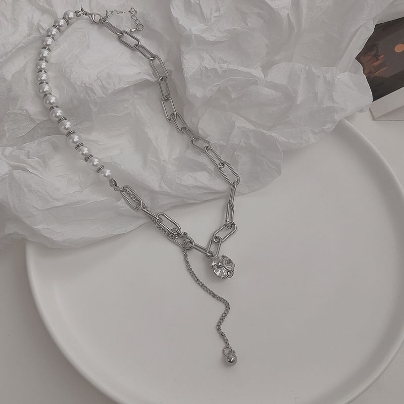 Faux Chain Necklace Rhinestone Pearl
