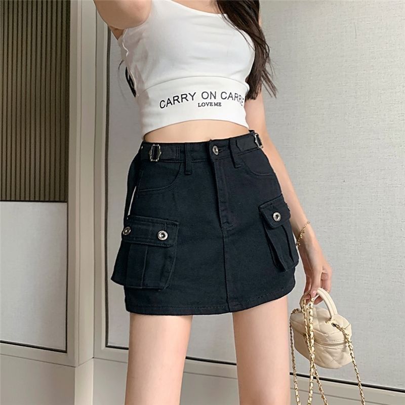 Denim Mini Skirt with Low Waist