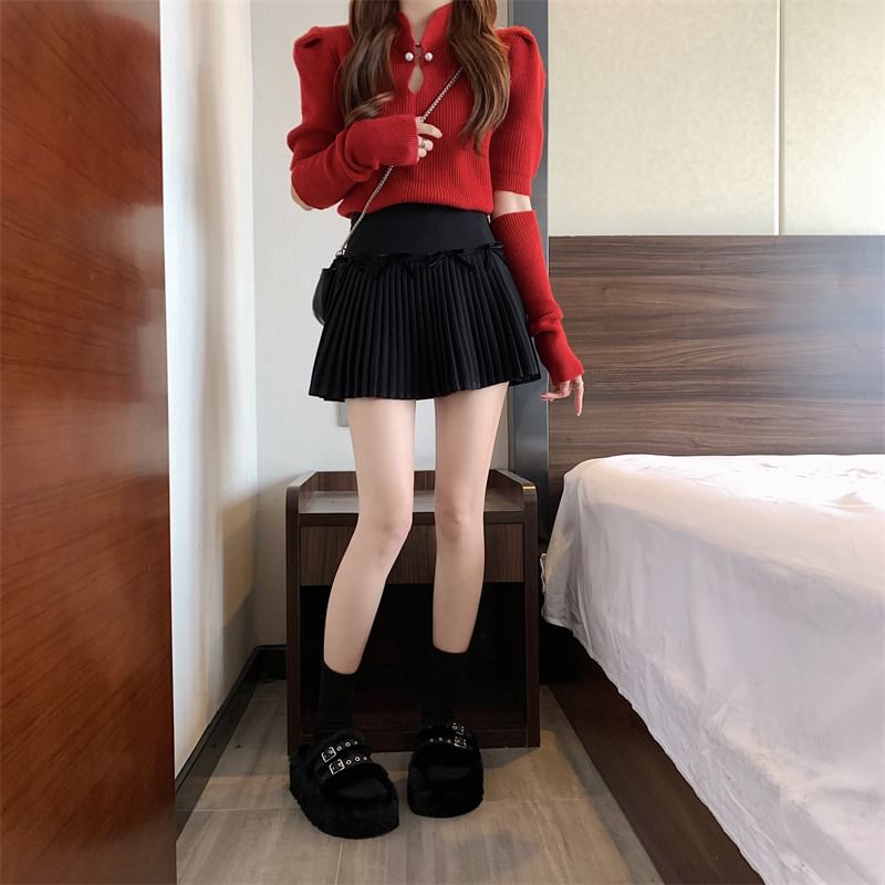 High Waist Plain Bow Pleated Mini A-Line Skirt