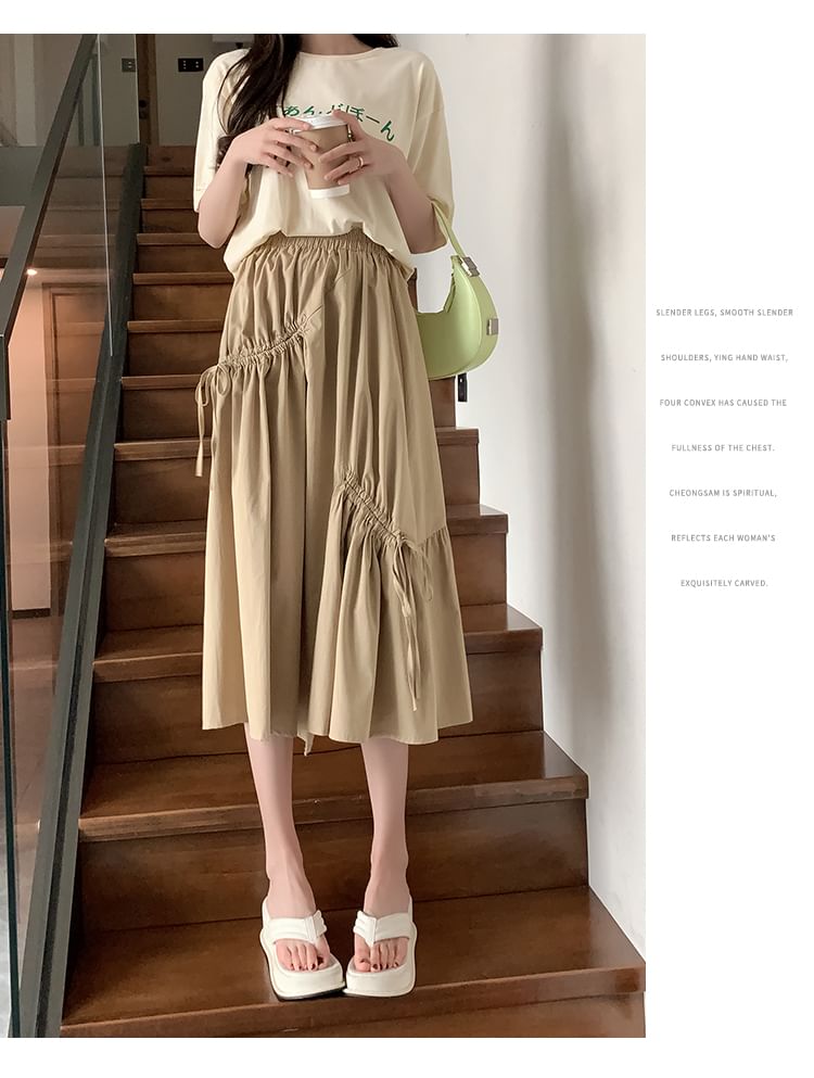 High Waist Plain Drawstring Midi A-Line Skirt