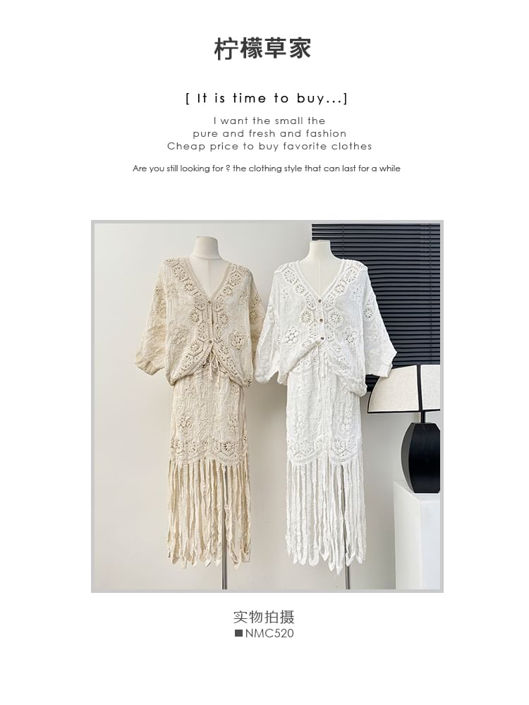 Fringed Denim Pencil Skirt with Lace V-Neck Blouse