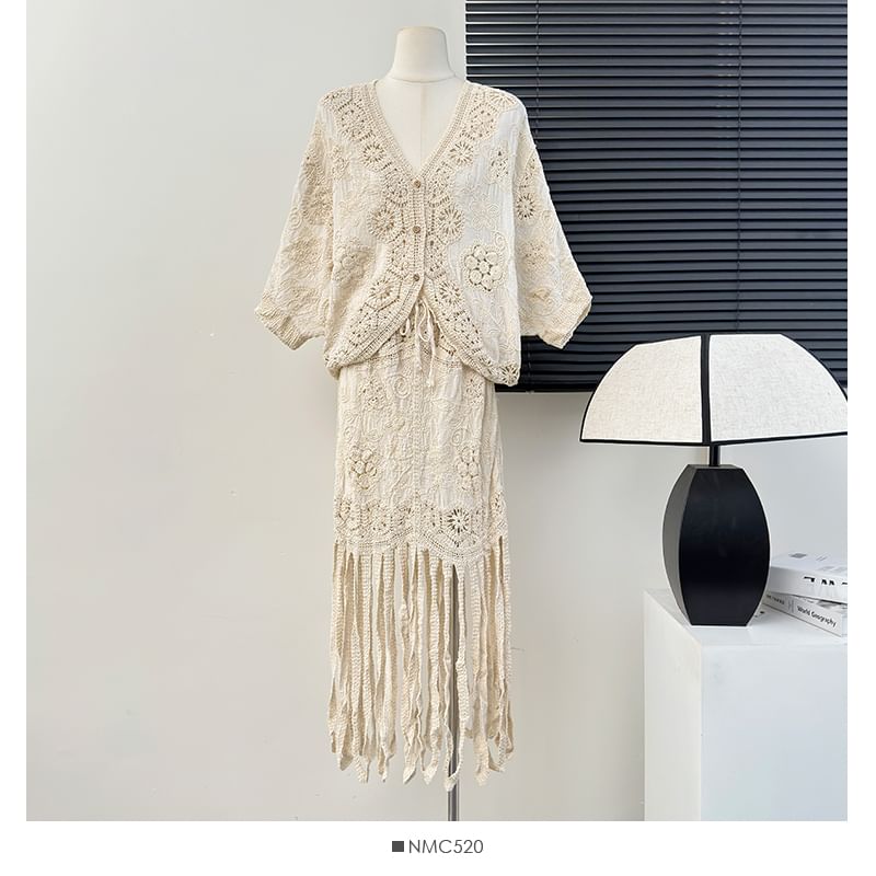Lace V-Neck Blouse with Fringed High-Waist Pencil Skirt