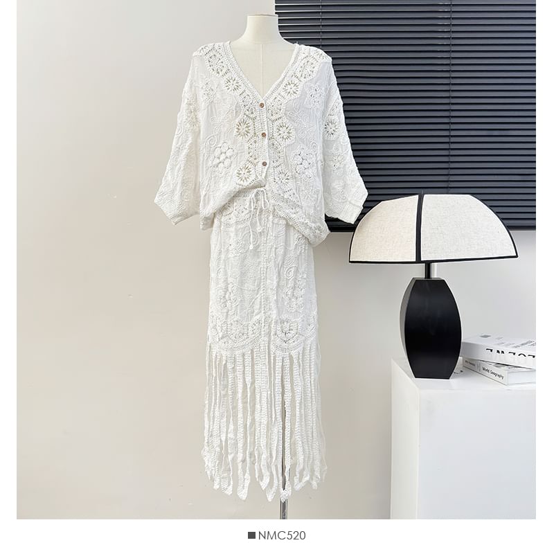Fringed Denim Pencil Skirt with Lace V-Neck Blouse