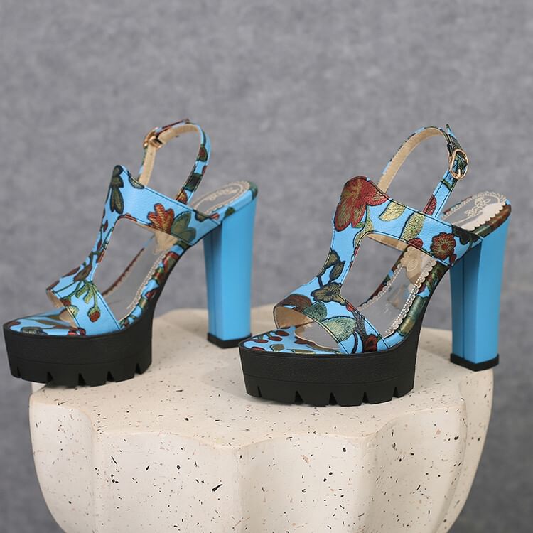 Chunky Heel Floral Print Faux Leather Slingback Sandals