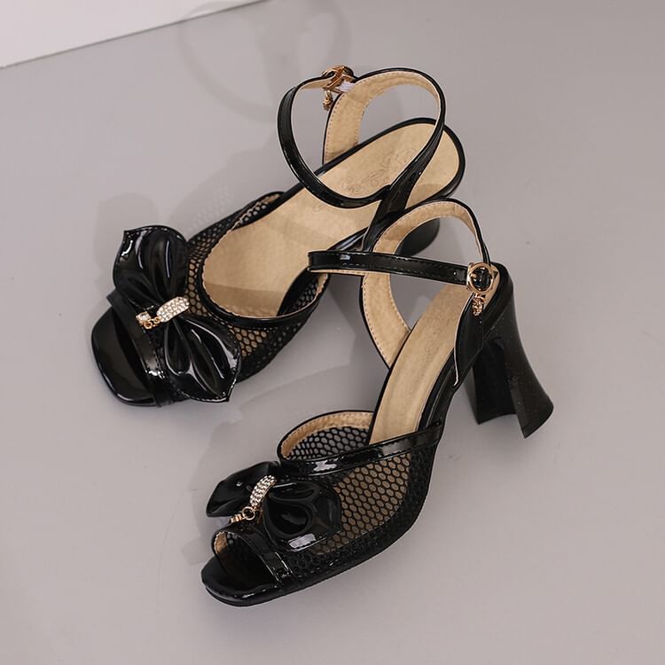 Chunky Heel Ankle Strap Mesh Panel Rhinestone Bow Patent Leather Sandals