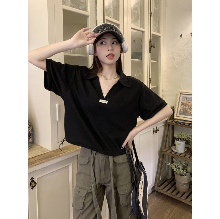 Drawstring V-Neck Applique Short-Sleeve Shirt Polo Hem