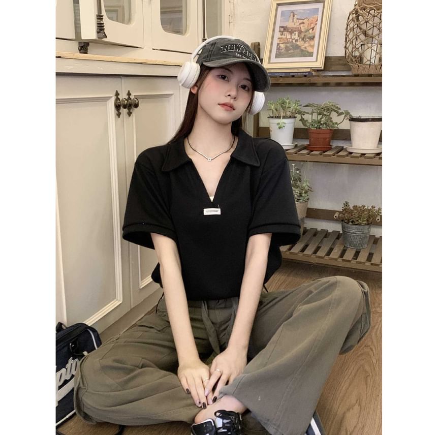 Drawstring V-Neck Applique Short-Sleeve Shirt Polo Hem