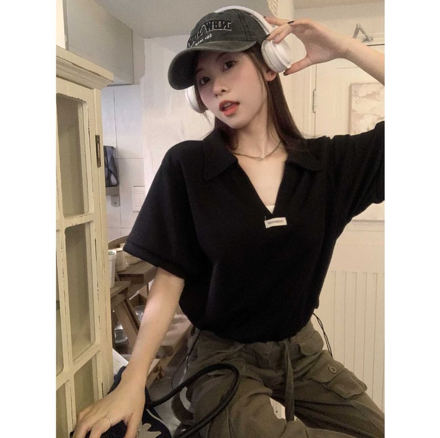 Drawstring V-Neck Applique Short-Sleeve Shirt Polo Hem