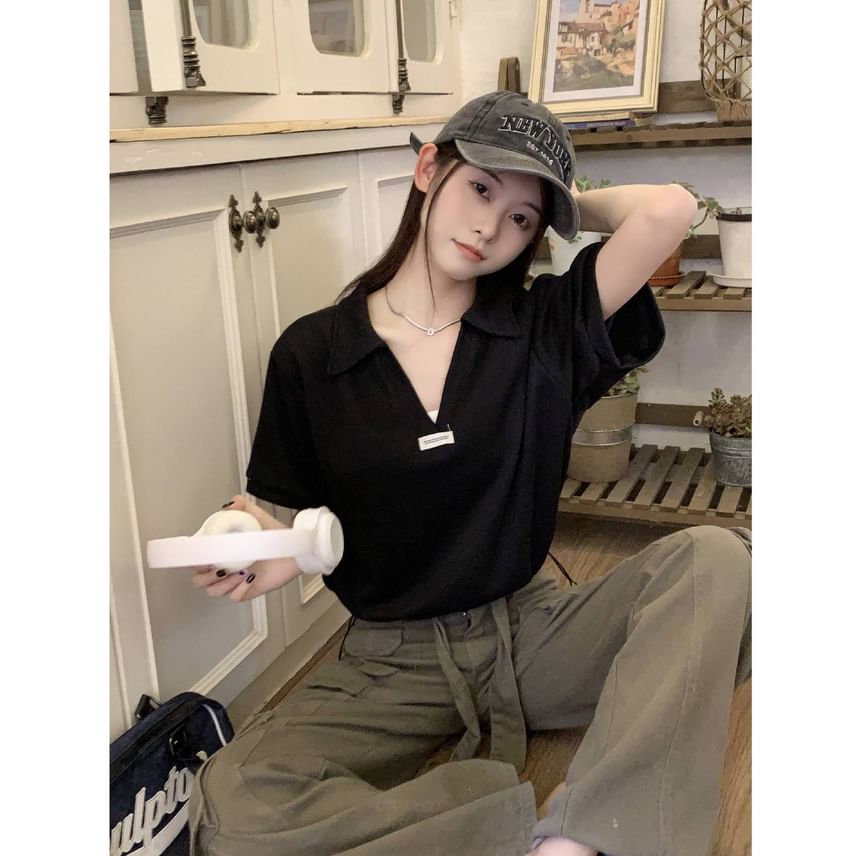 Drawstring V-Neck Applique Short-Sleeve Shirt Polo Hem